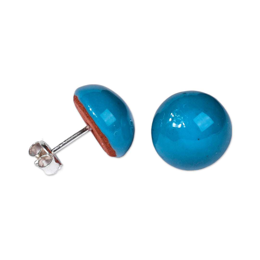Modern Bright Blue Ceramic Button Earrings with Posts - Bright Blue Globe
