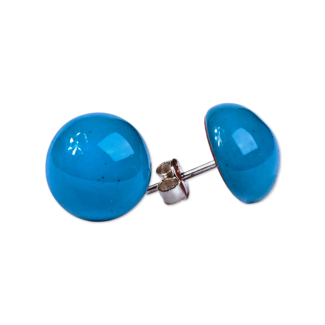 Modern Bright Blue Ceramic Button Earrings with Posts - Bright Blue Globe