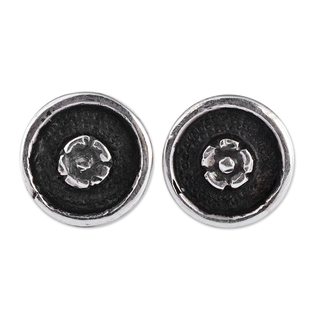 Oxidized Round Floral Sterling Silver Button Earrings - Spring Nucleus