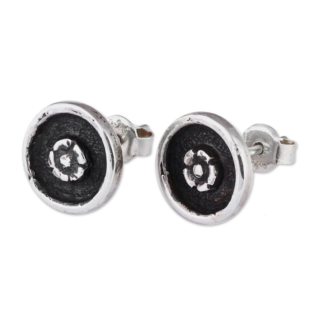 Oxidized Round Floral Sterling Silver Button Earrings - Spring Nucleus