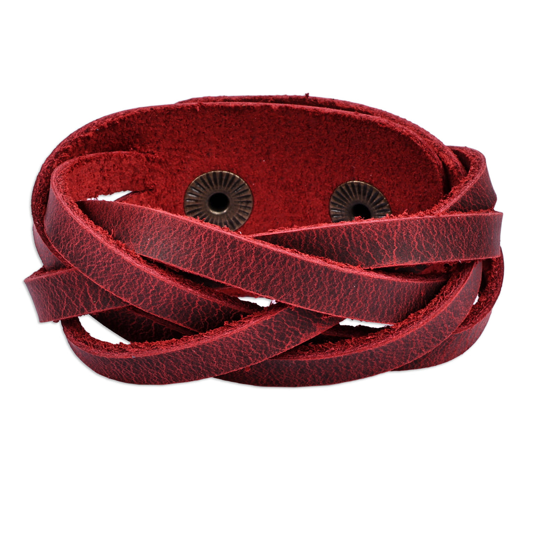 Burgundy Leather Wristband Bracelet with Braided Strands - Braided Energy