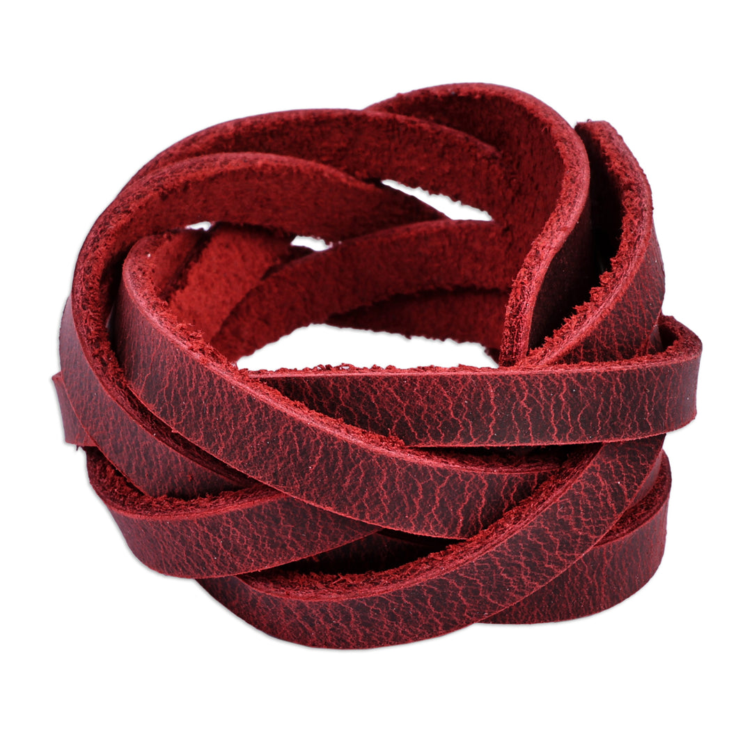 Burgundy Leather Wristband Bracelet with Braided Strands - Braided Energy