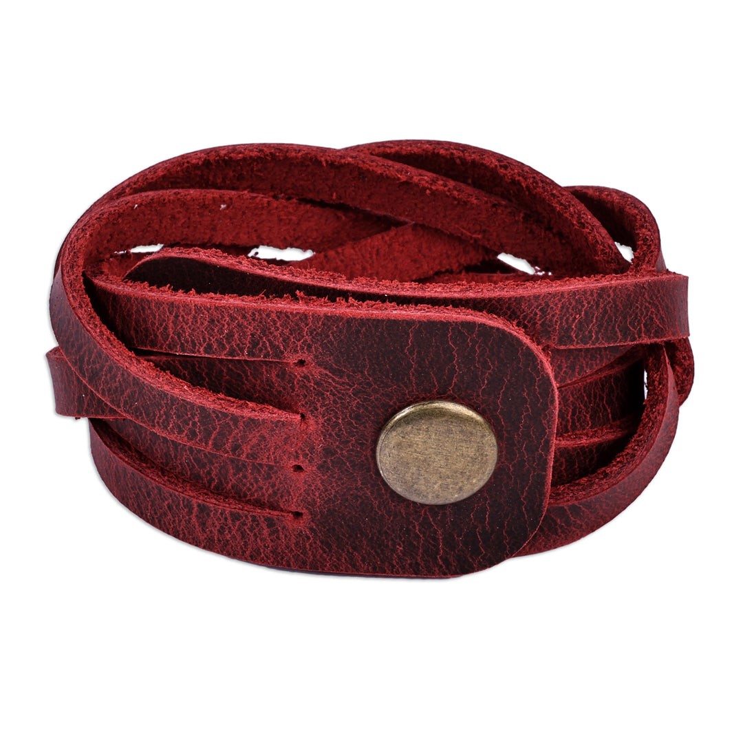 Burgundy Leather Wristband Bracelet with Braided Strands - Braided Energy