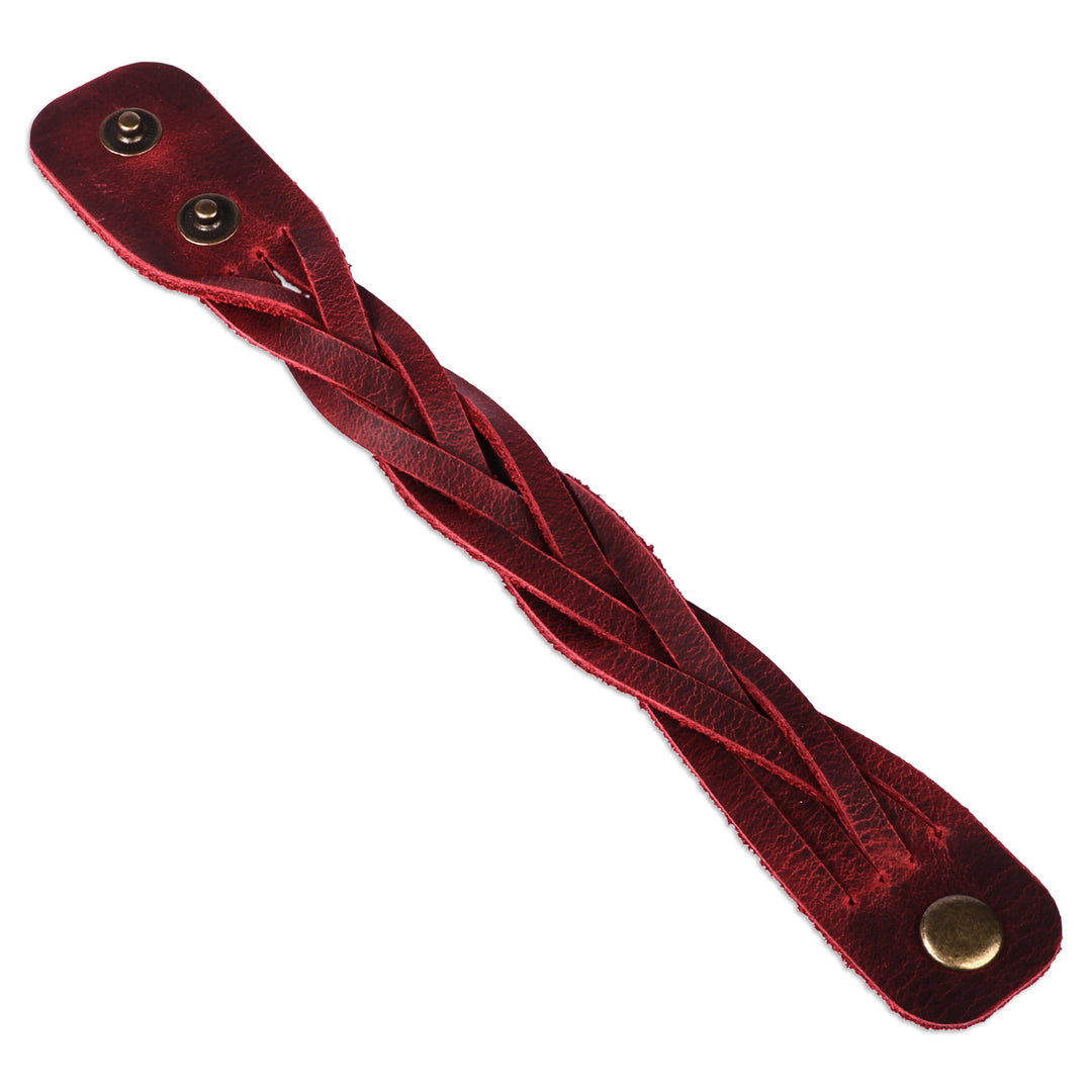 Burgundy Leather Wristband Bracelet with Braided Strands - Braided Energy