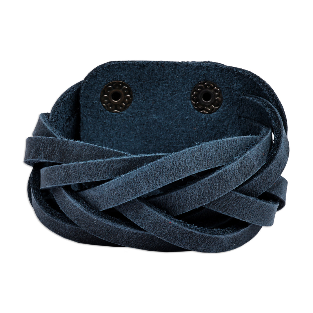 Leather Wristband Bracelet with Braided Strands in Blue - Braided Chic