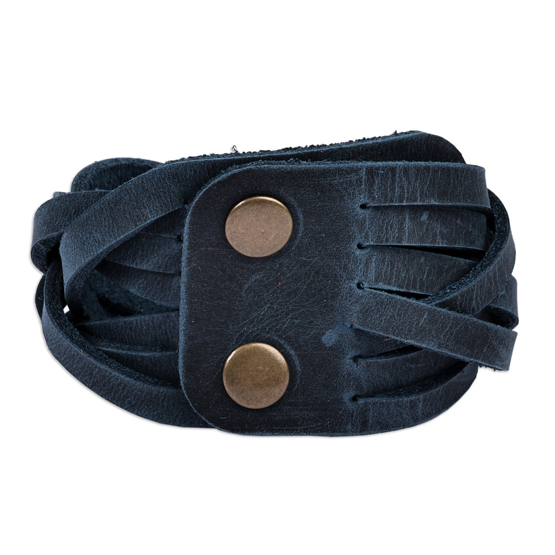 Leather Wristband Bracelet with Braided Strands in Blue - Braided Chic