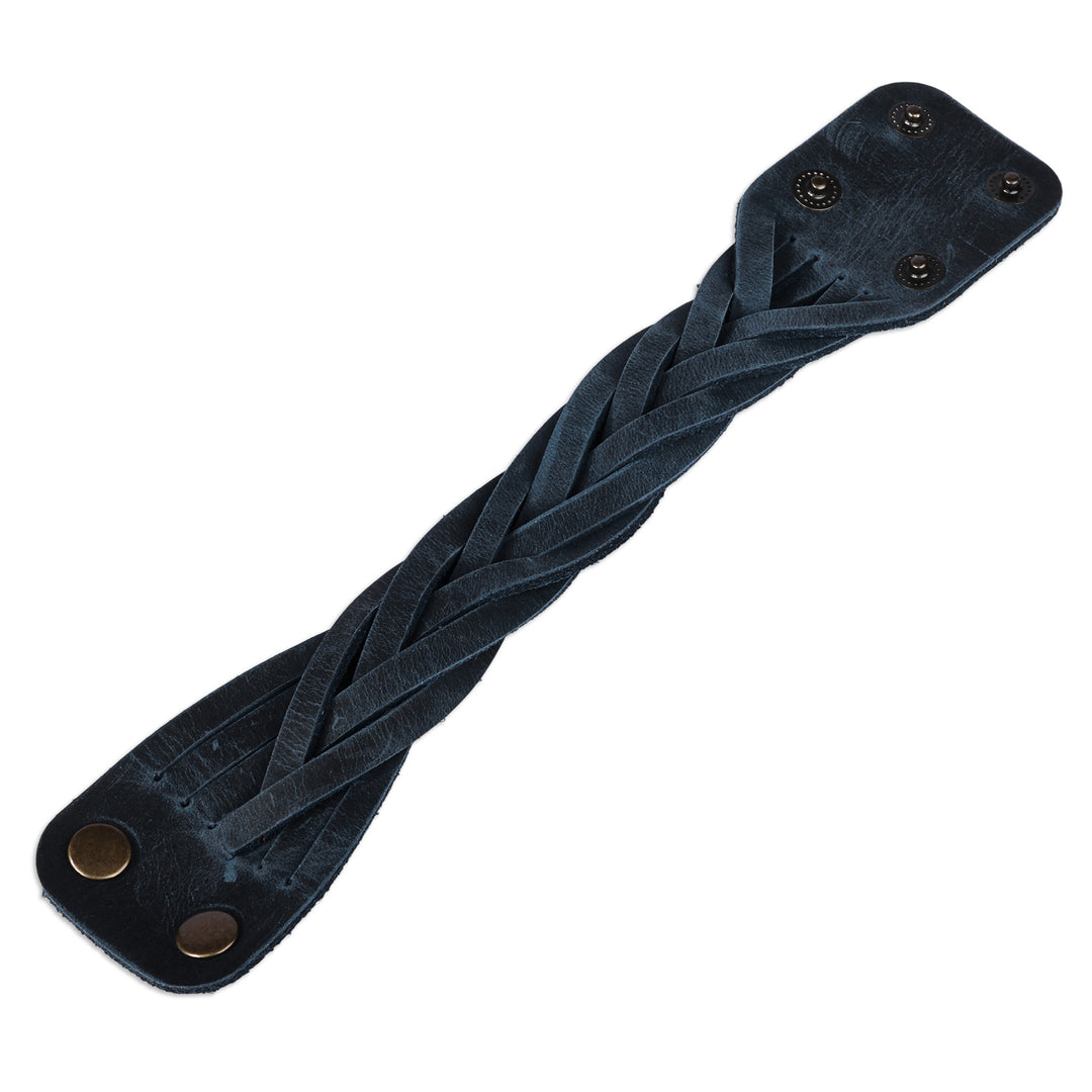 Leather Wristband Bracelet with Braided Strands in Blue - Braided Chic