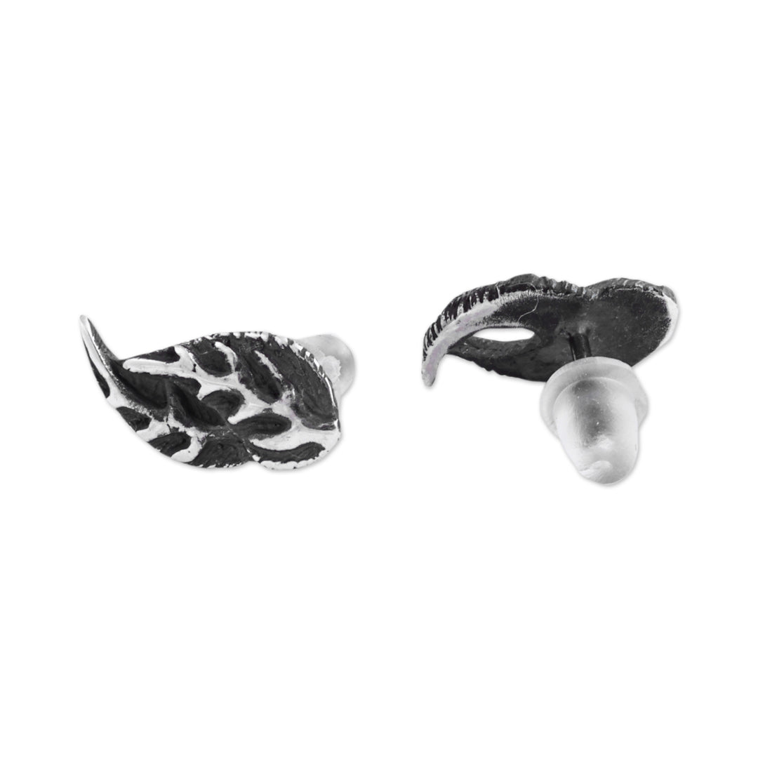 Oxidized Leaf-Shaped Sterling Silver Stud Earrings - Ancient Foliage