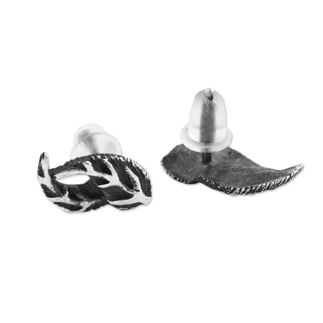 Oxidized Leaf-Shaped Sterling Silver Stud Earrings - Ancient Foliage