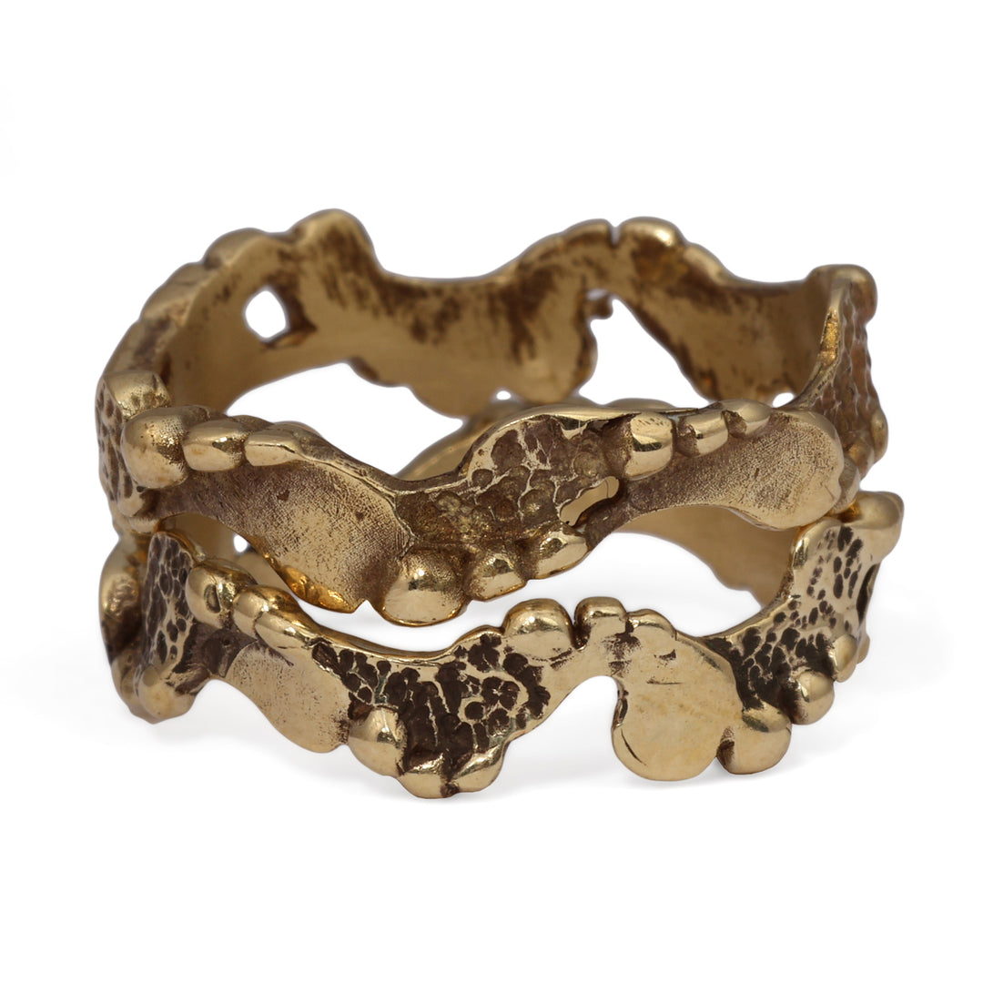 Pair of Modern Brass Band Rings with Textured Finish - Double Abstract Elegance
