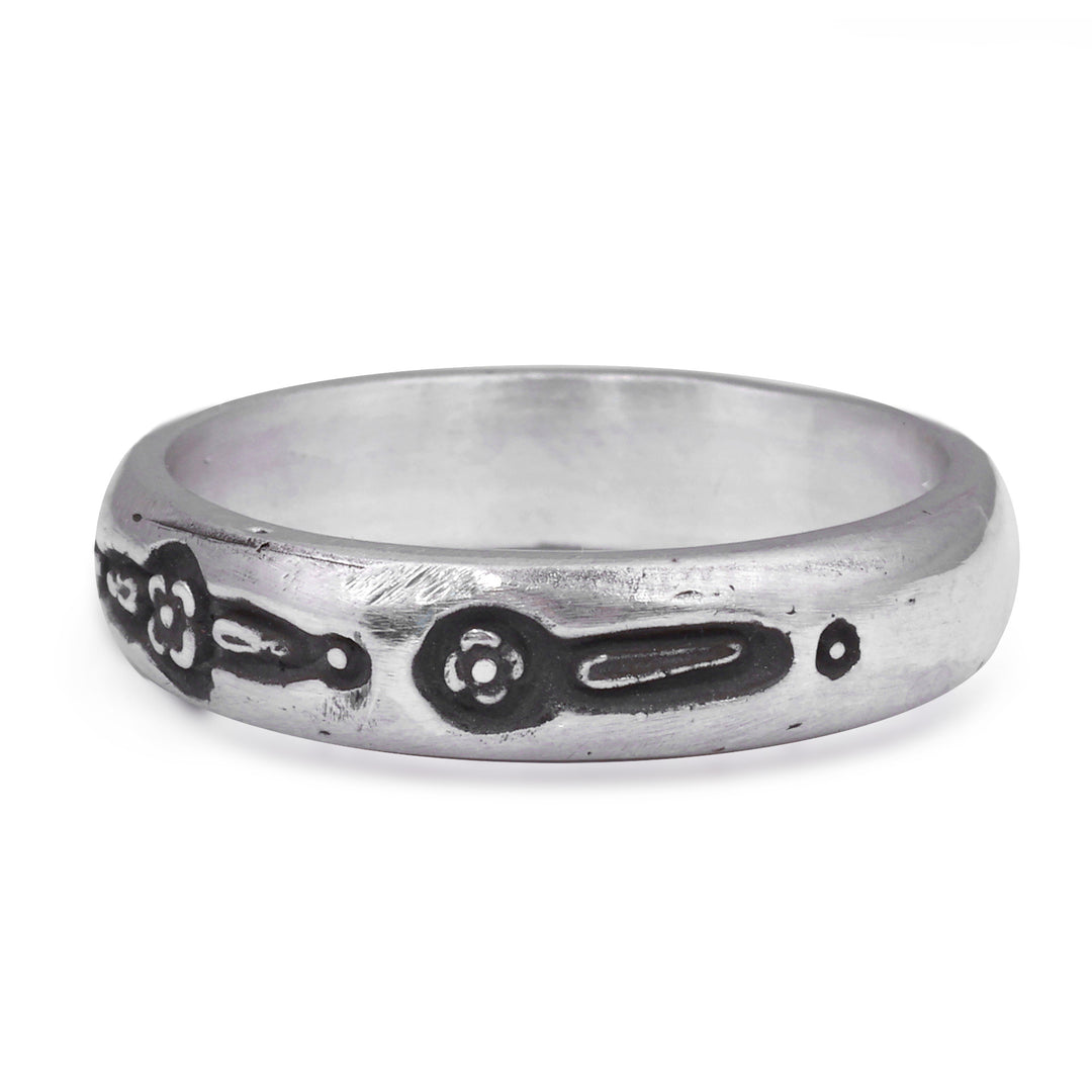 Darkened Polished Silver Band Ring with Floral Motifs - Floral Delight