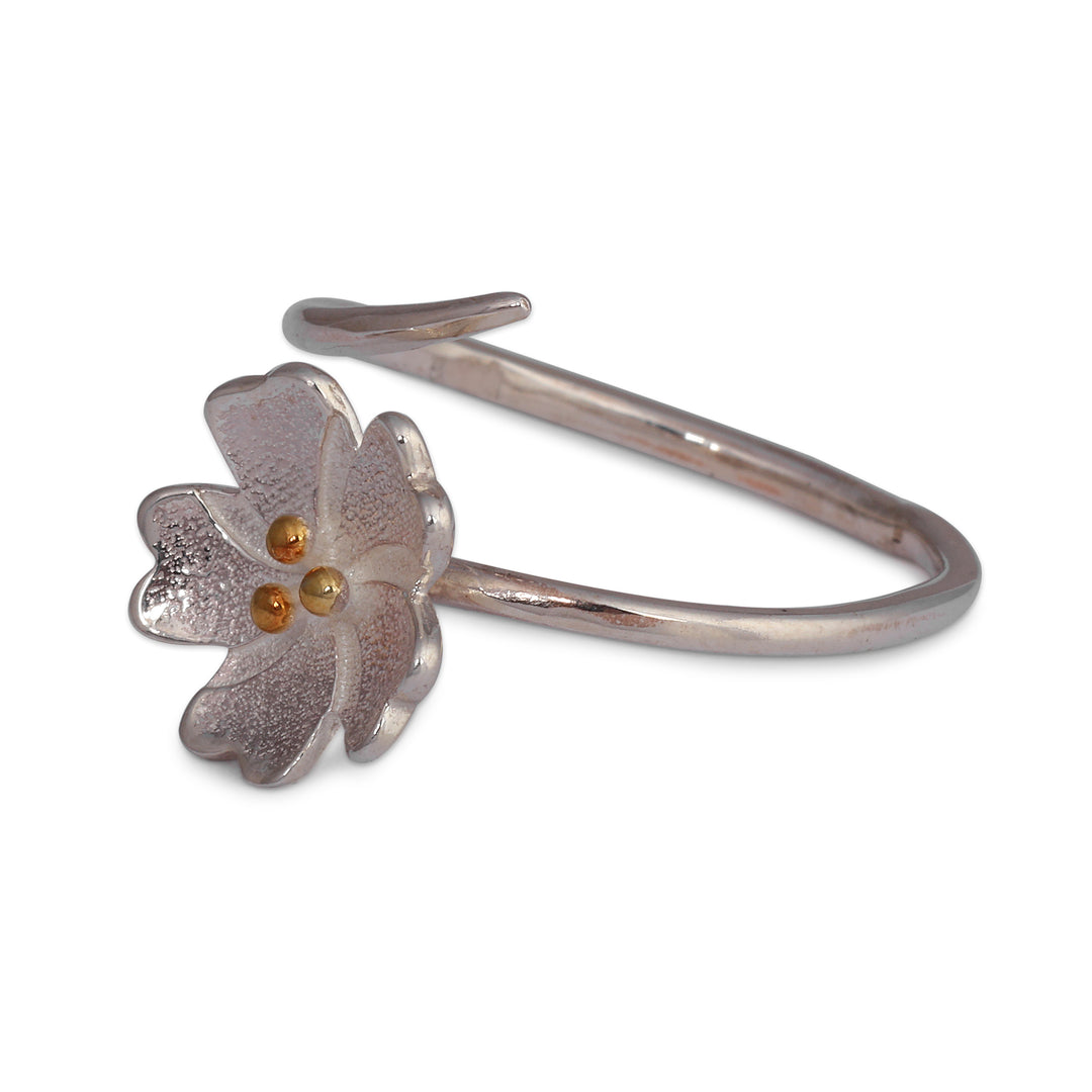 Spring-Themed Sterling Silver Wrap Ring with Golden Dots - Divine Blossom