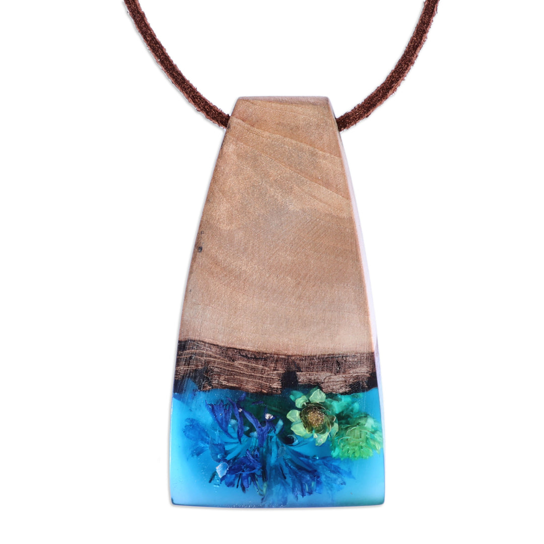 Handmade Blue Natural Flower Resin & Wood Pendant Necklace - Spring Gentian