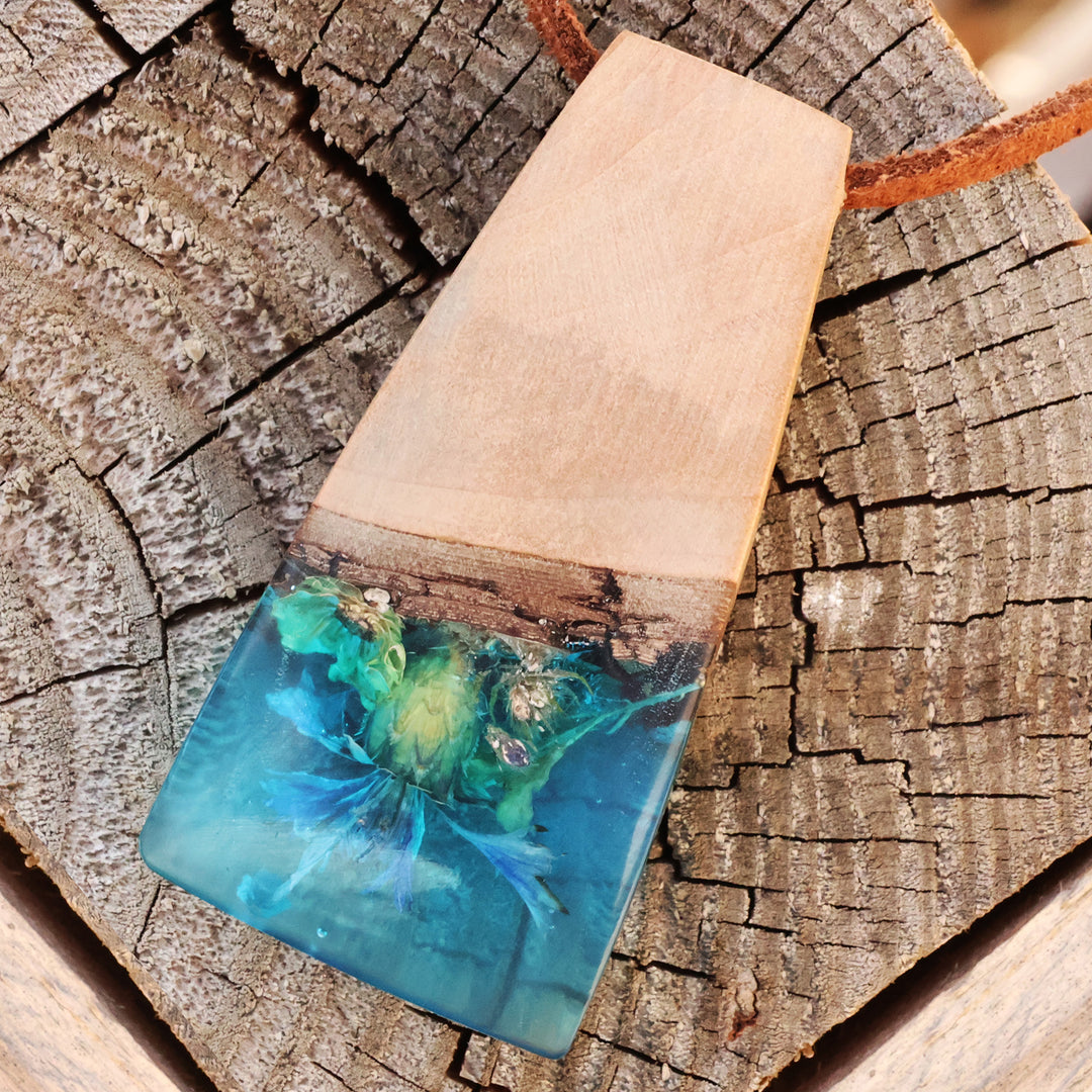 Handmade Blue Natural Flower Resin & Wood Pendant Necklace - Spring Gentian