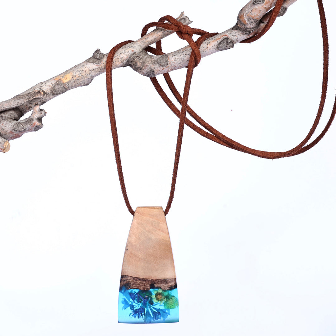 Handmade Blue Natural Flower Resin & Wood Pendant Necklace - Spring Gentian
