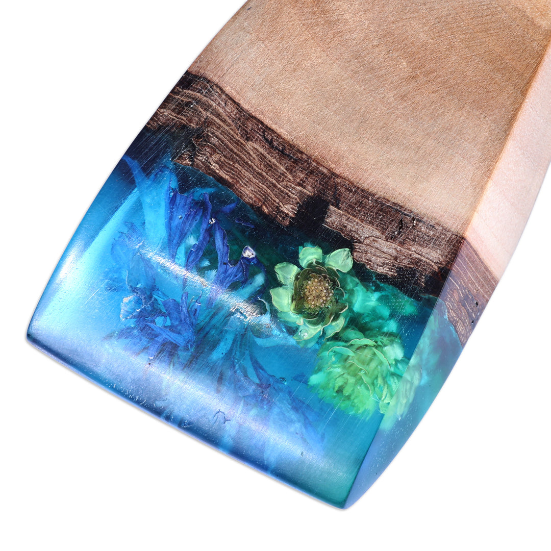 Handmade Blue Natural Flower Resin & Wood Pendant Necklace - Spring Gentian