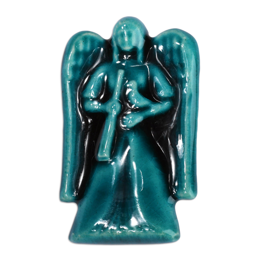 Crackled Glazed Teal Ceramic Angel Brooch Pin from Armenia - Angelic Essence