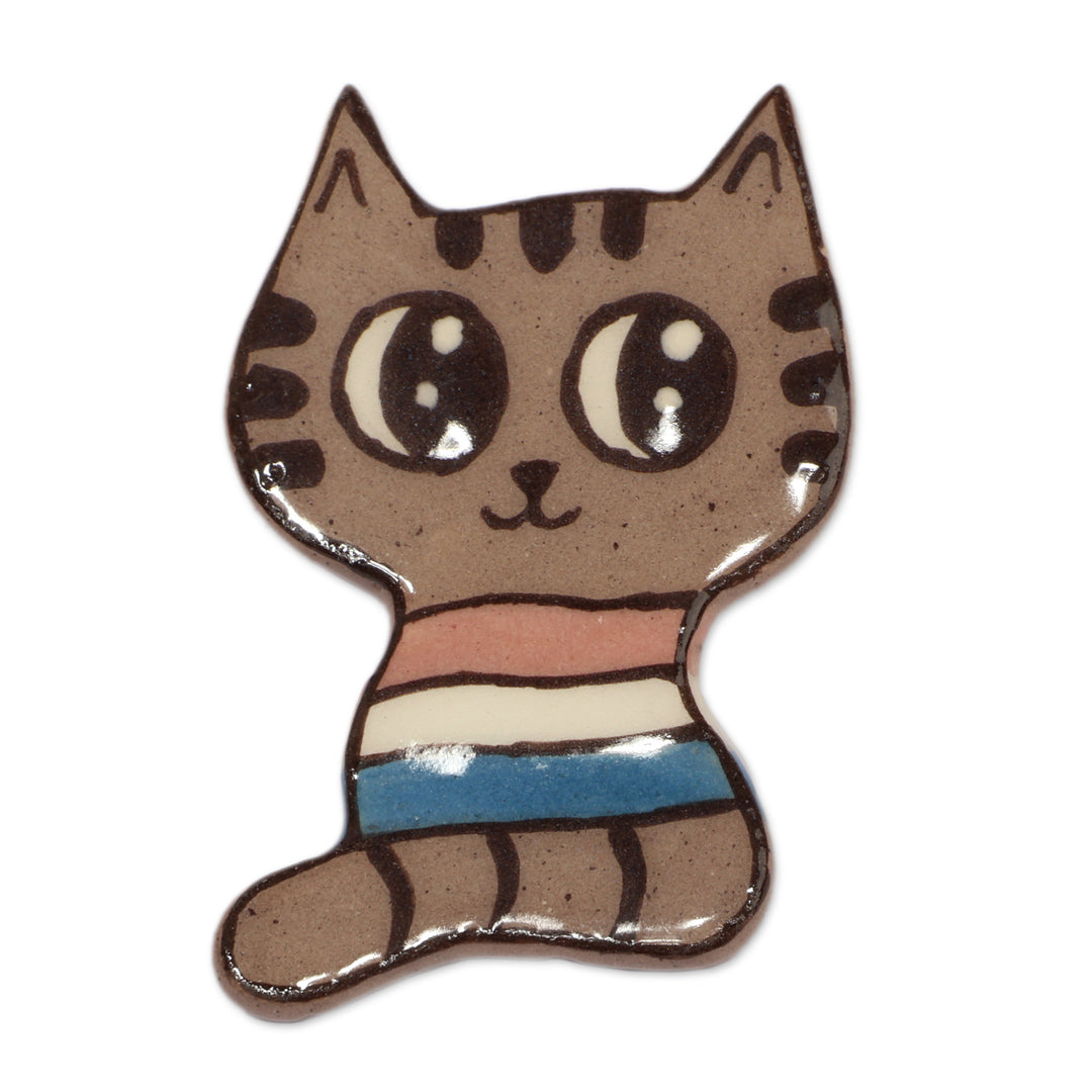 Naif-Themed Lacquered Ceramic Cat Brooch Pin from Armenia - Naif Feline