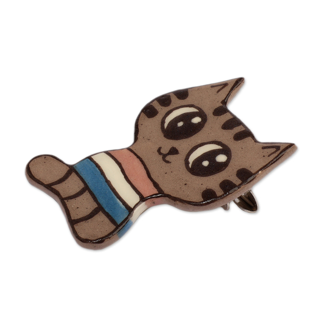 Naif-Themed Lacquered Ceramic Cat Brooch Pin from Armenia - Naif Feline
