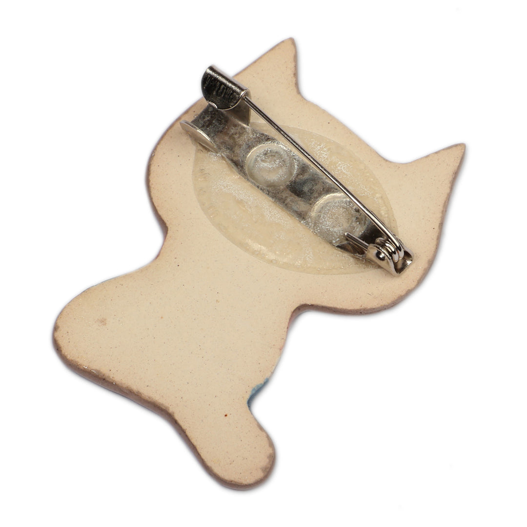 Naif-Themed Lacquered Ceramic Cat Brooch Pin from Armenia - Naif Feline
