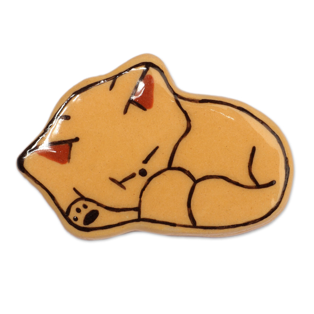 Whimsical Sleepy Cat-Themed Lacquered Ceramic Brooch Pin - Feline Sleep