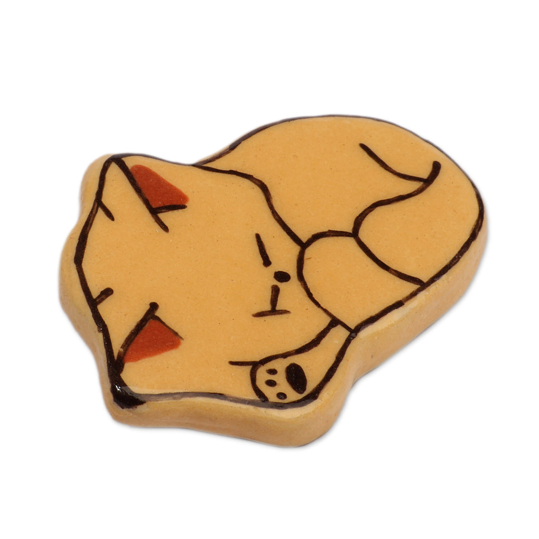 Whimsical Sleepy Cat-Themed Lacquered Ceramic Brooch Pin - Feline Sleep