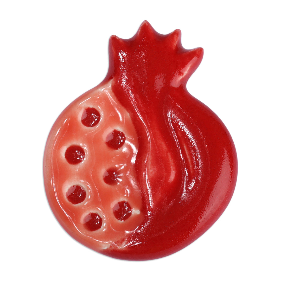 Traditional Glazed Pomegranate-Shaped Red Ceramic Brooch Pin - Omen of Passion