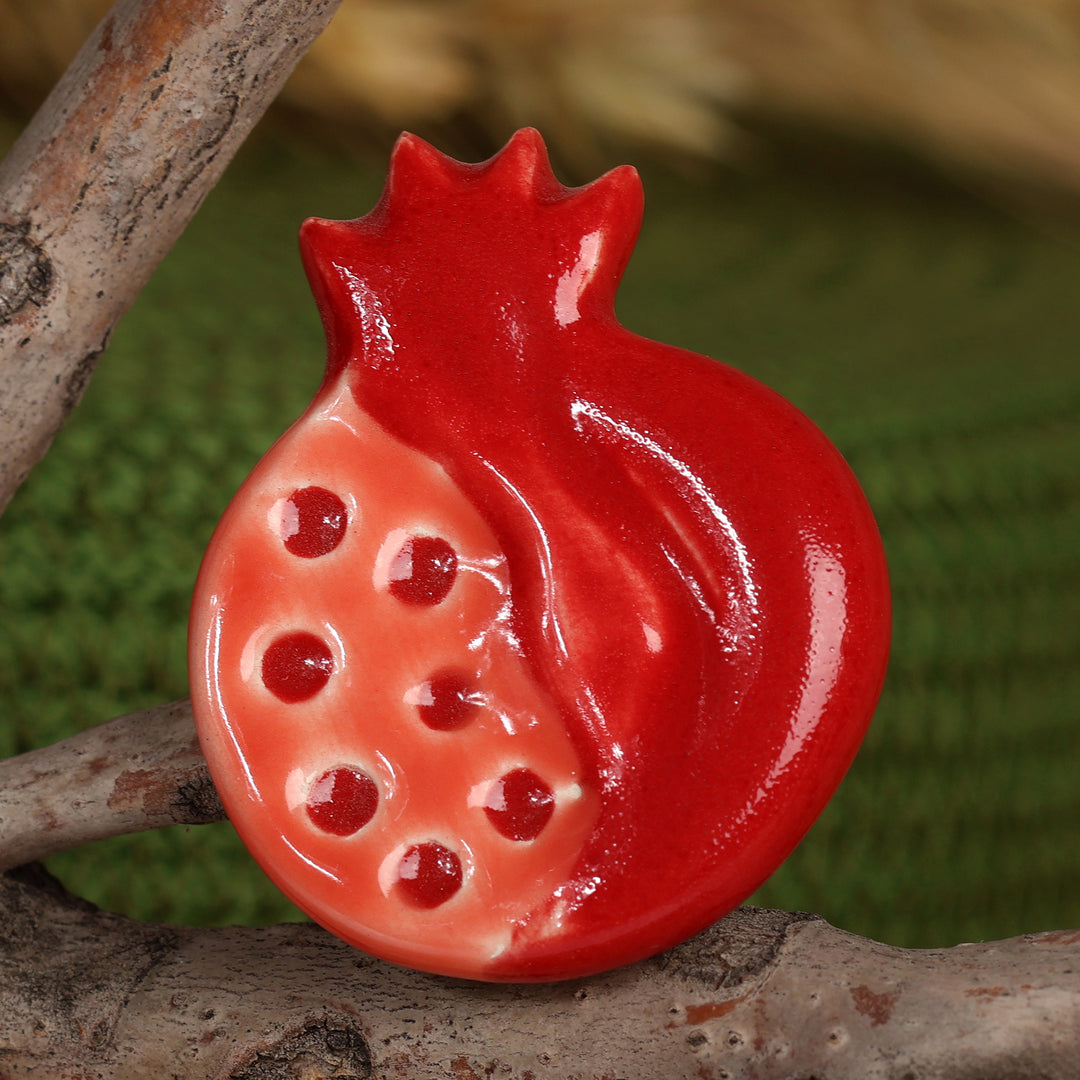Traditional Glazed Pomegranate-Shaped Red Ceramic Brooch Pin - Omen of Passion