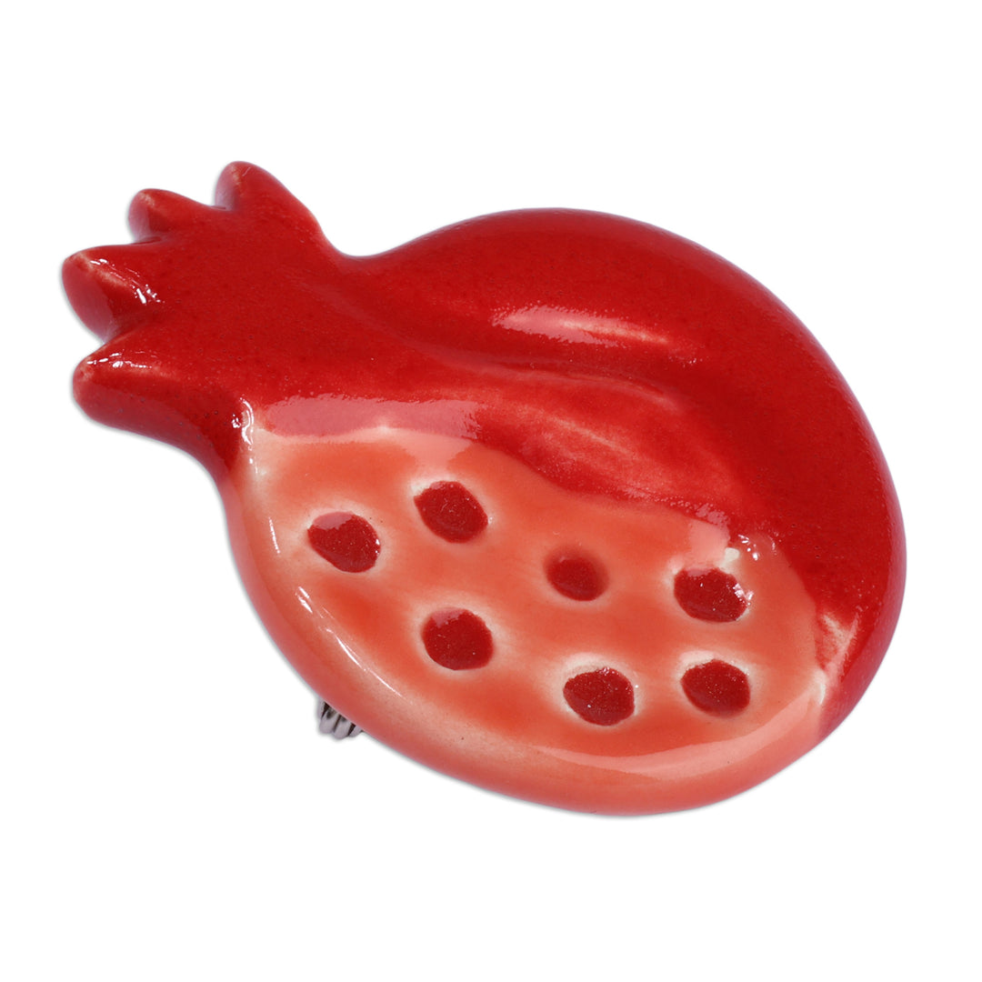 Traditional Glazed Pomegranate-Shaped Red Ceramic Brooch Pin - Omen of Passion