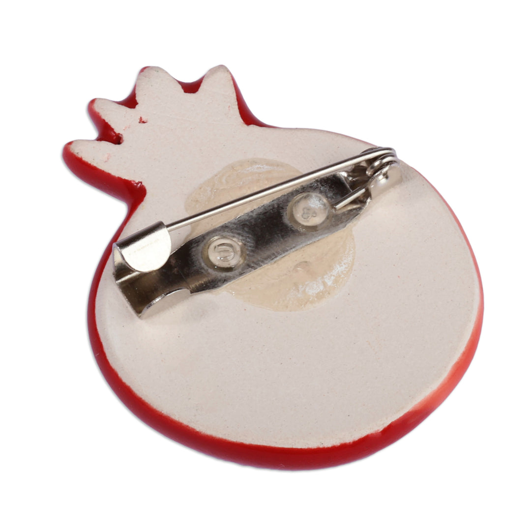 Traditional Glazed Pomegranate-Shaped Red Ceramic Brooch Pin - Omen of Passion