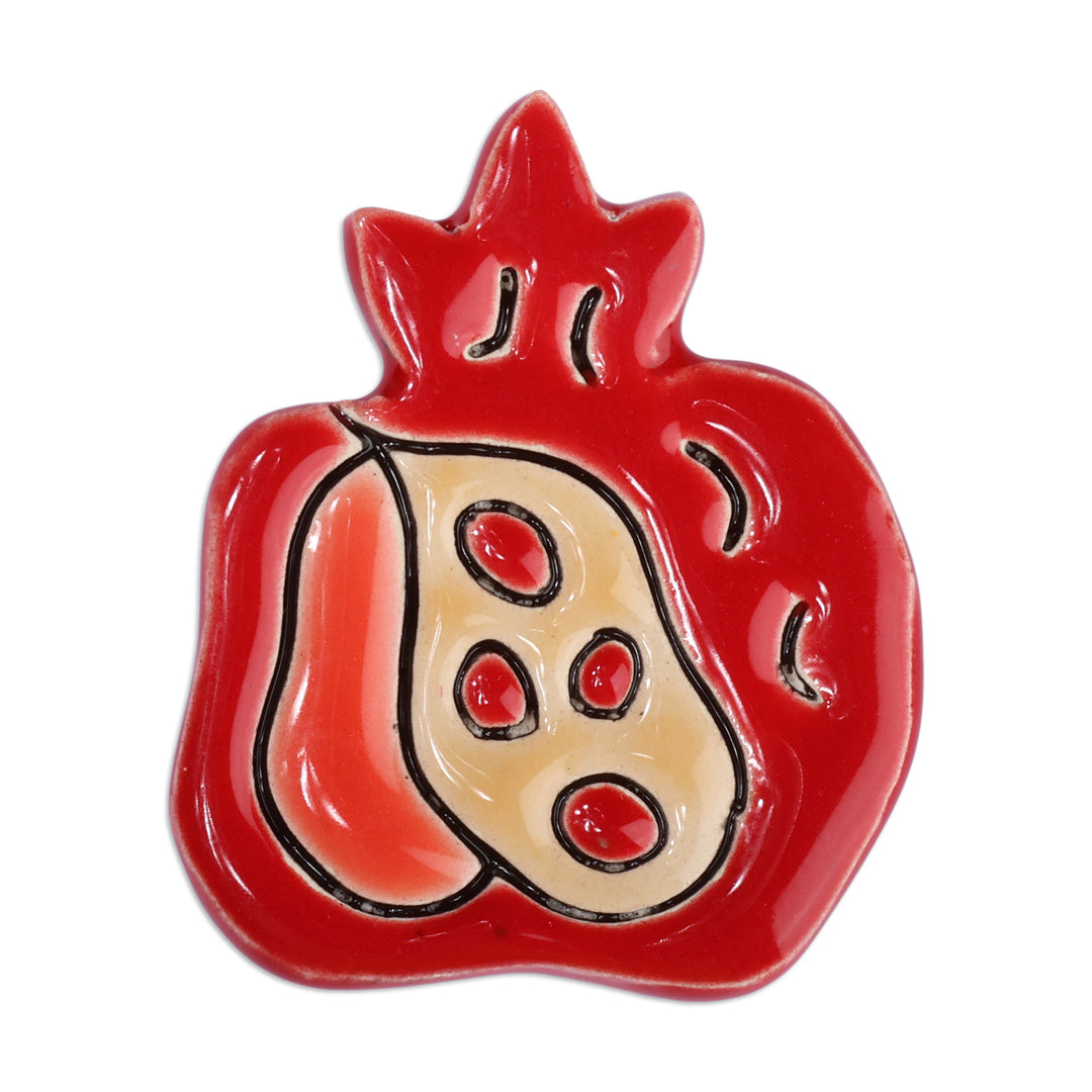 Classic Glazed Red Pomegranate-Themed Ceramic Brooch Pin - Pomegranate Vision