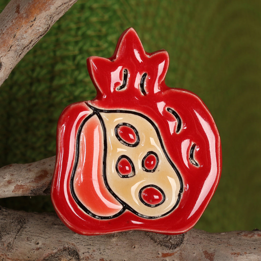 Classic Glazed Red Pomegranate-Themed Ceramic Brooch Pin - Pomegranate Vision