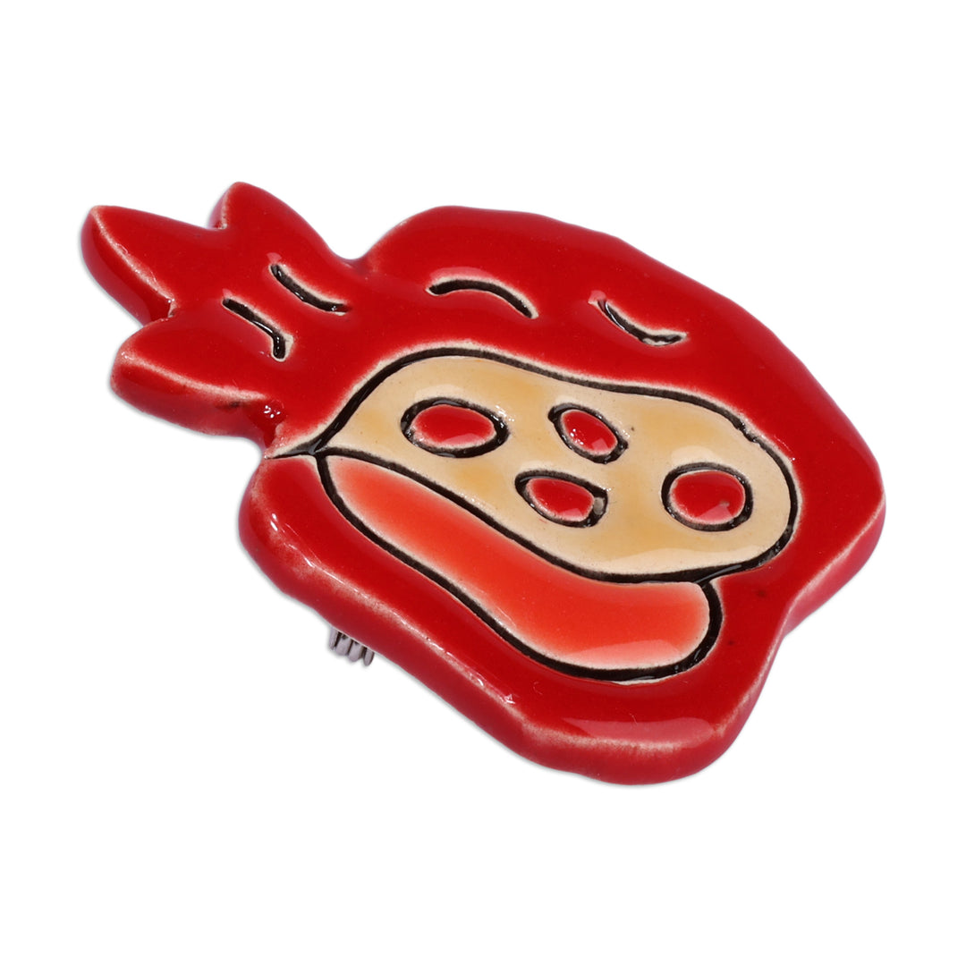 Classic Glazed Red Pomegranate-Themed Ceramic Brooch Pin - Pomegranate Vision