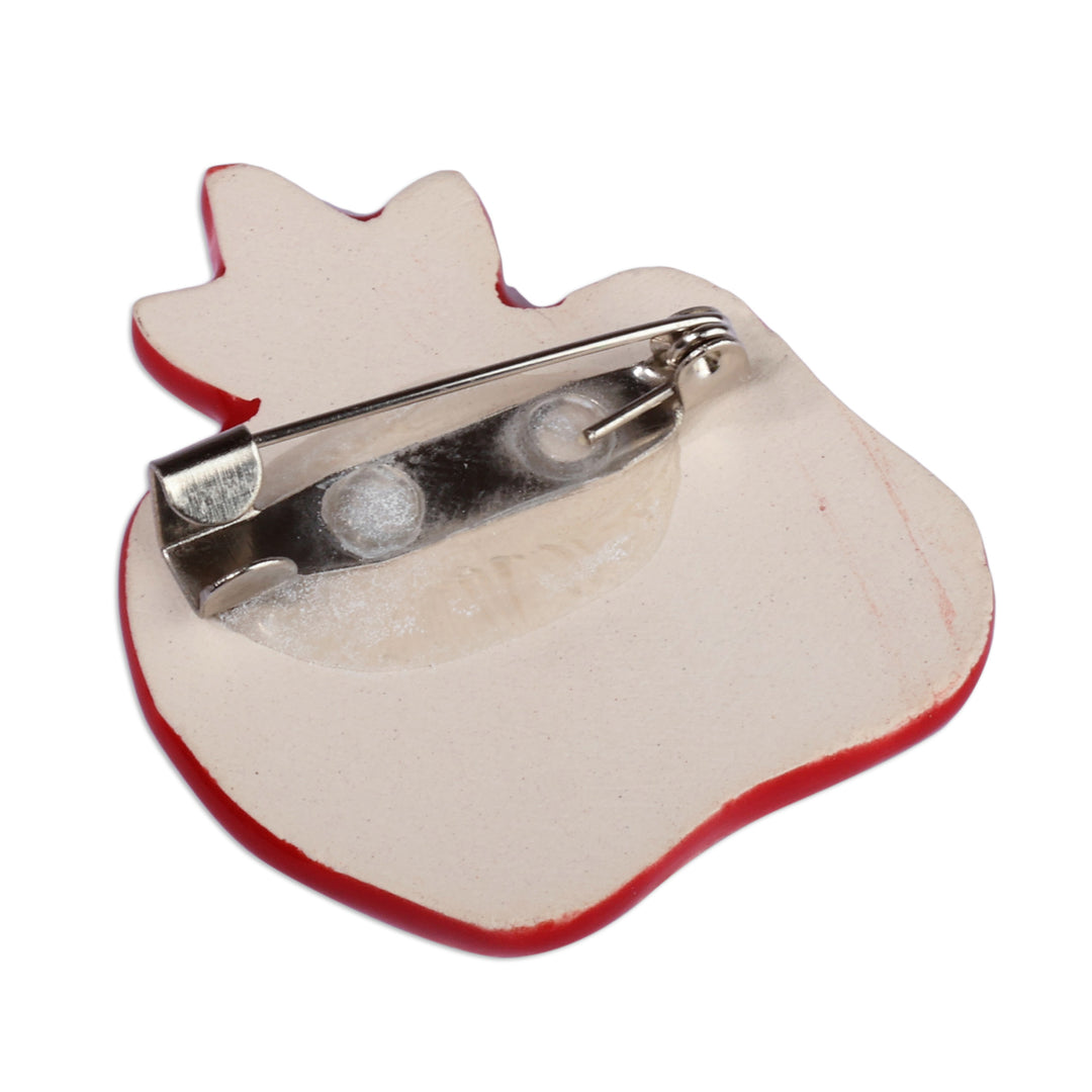 Classic Glazed Red Pomegranate-Themed Ceramic Brooch Pin - Pomegranate Vision
