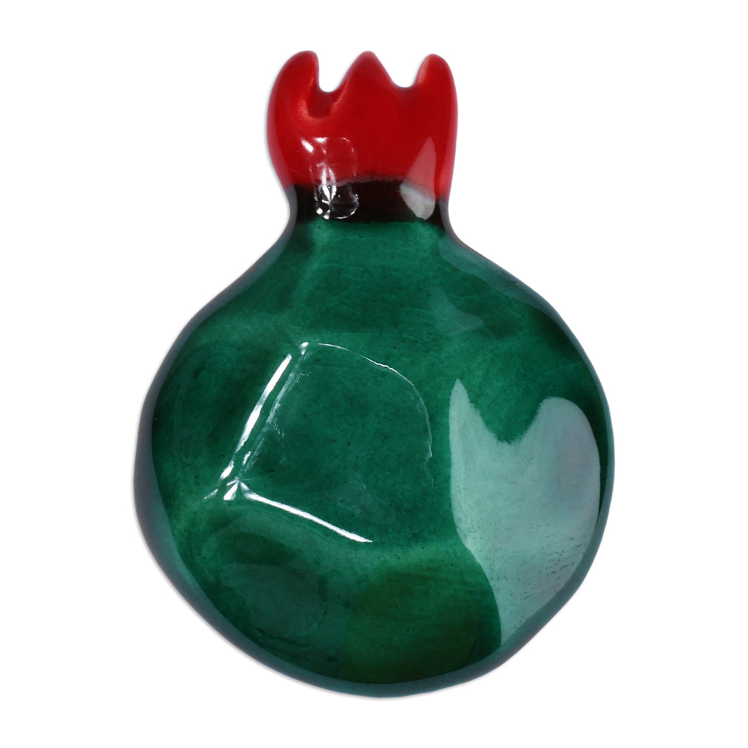 Glazed Emerald and Red Pomegranate-Shaped Ceramic Brooch Pin - Emerald Omen