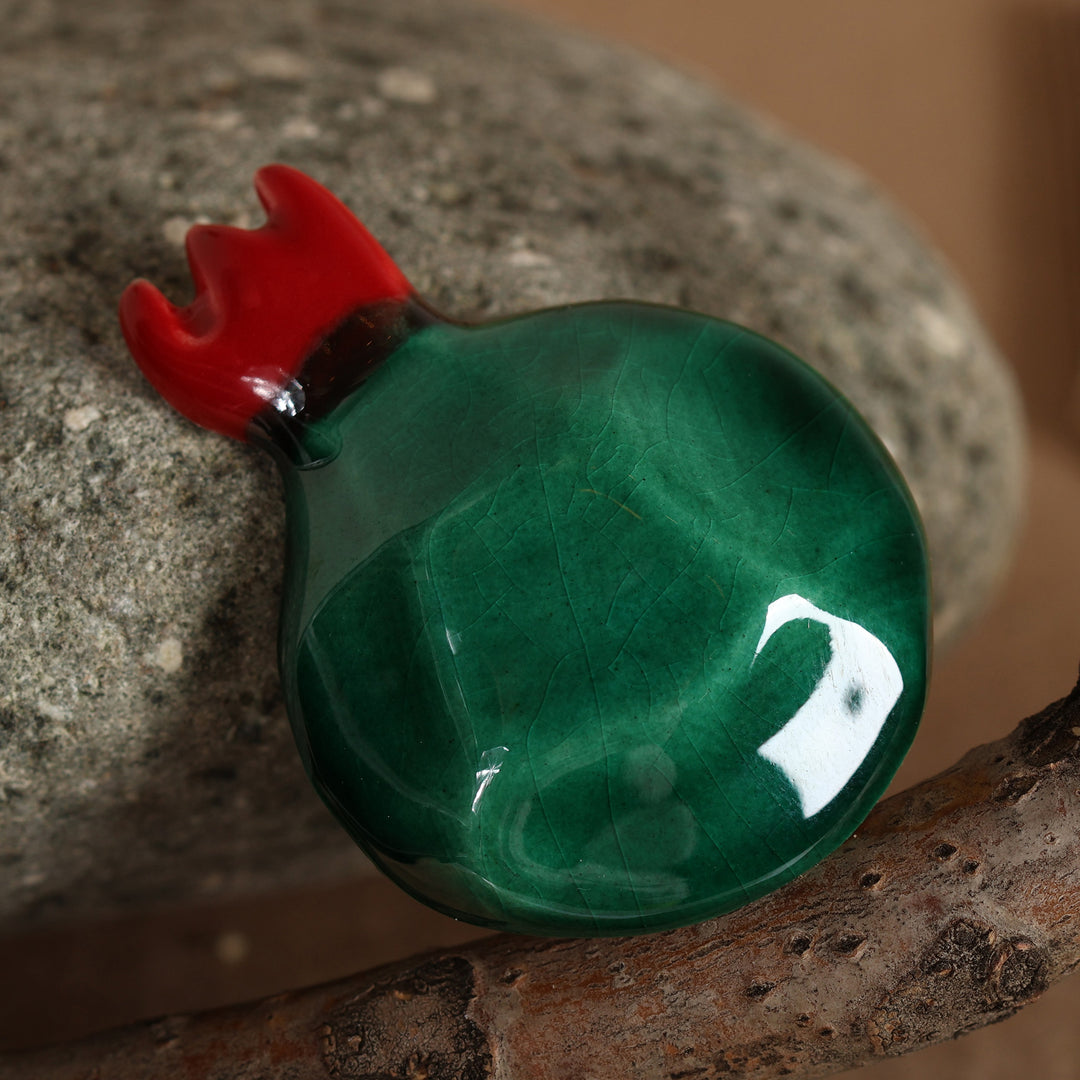 Glazed Emerald and Red Pomegranate-Shaped Ceramic Brooch Pin - Emerald Omen
