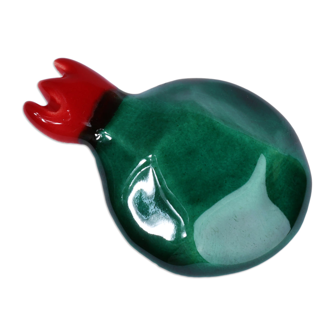 Glazed Emerald and Red Pomegranate-Shaped Ceramic Brooch Pin - Emerald Omen