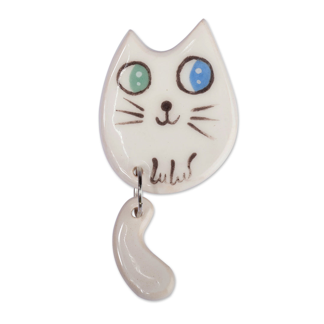 Whimsical Ivory Ceramic Cat Brooch Pin Crafted in Armenia - Feline Grace