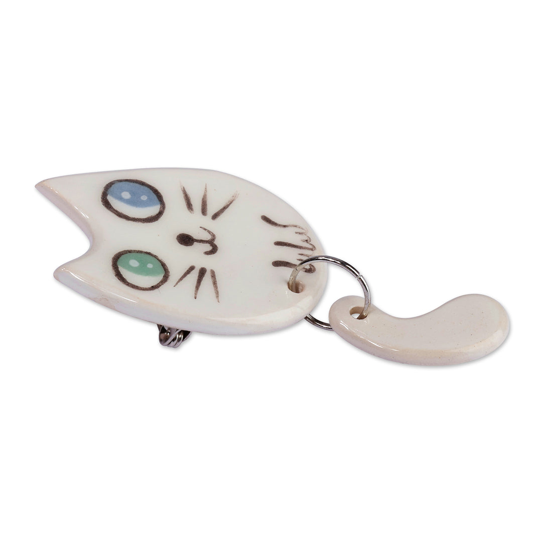 Whimsical Ivory Ceramic Cat Brooch Pin Crafted in Armenia - Feline Grace