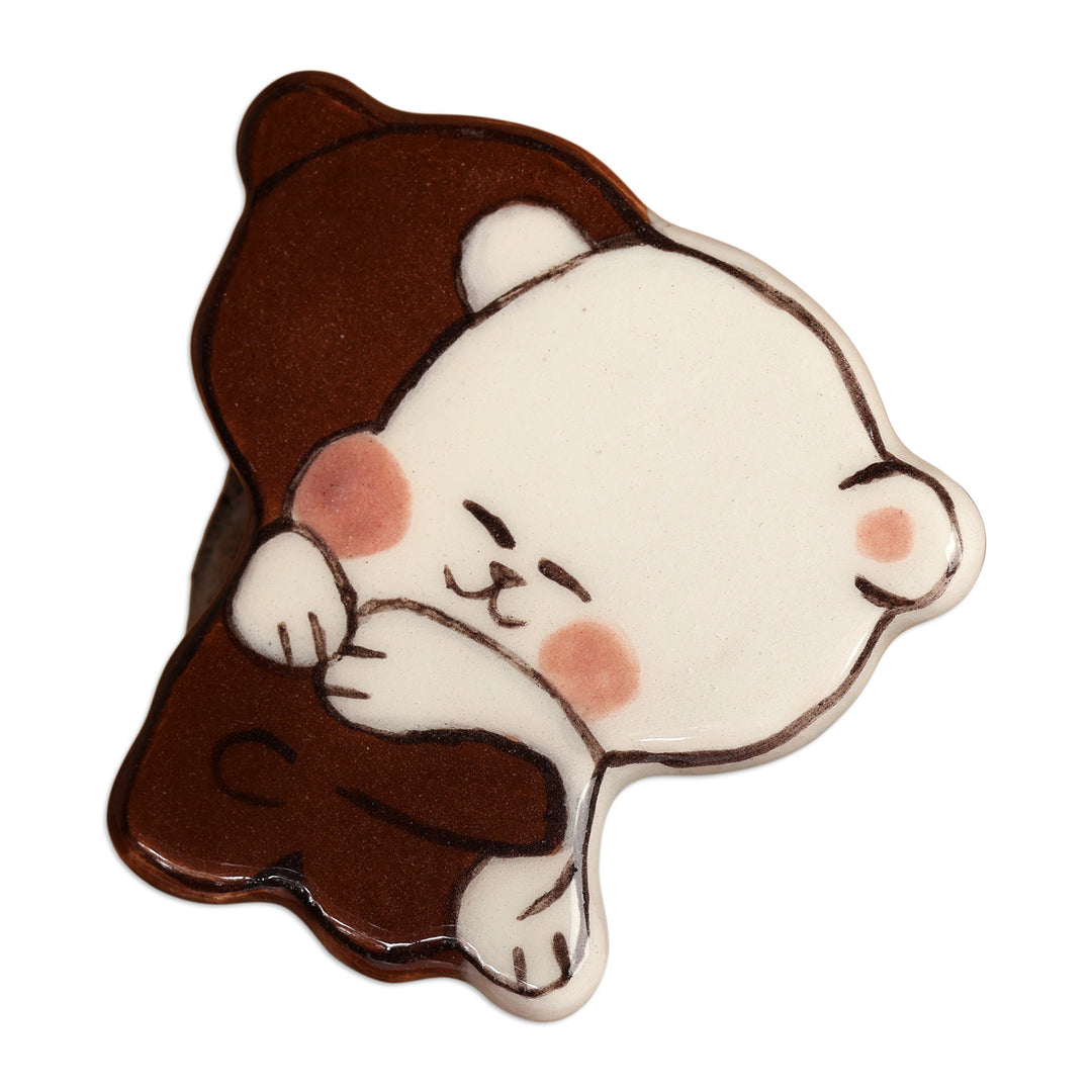 Inspirational Bear-Themed Handmade Glazed Ceramic Brooch Pin - Bear Hugs
