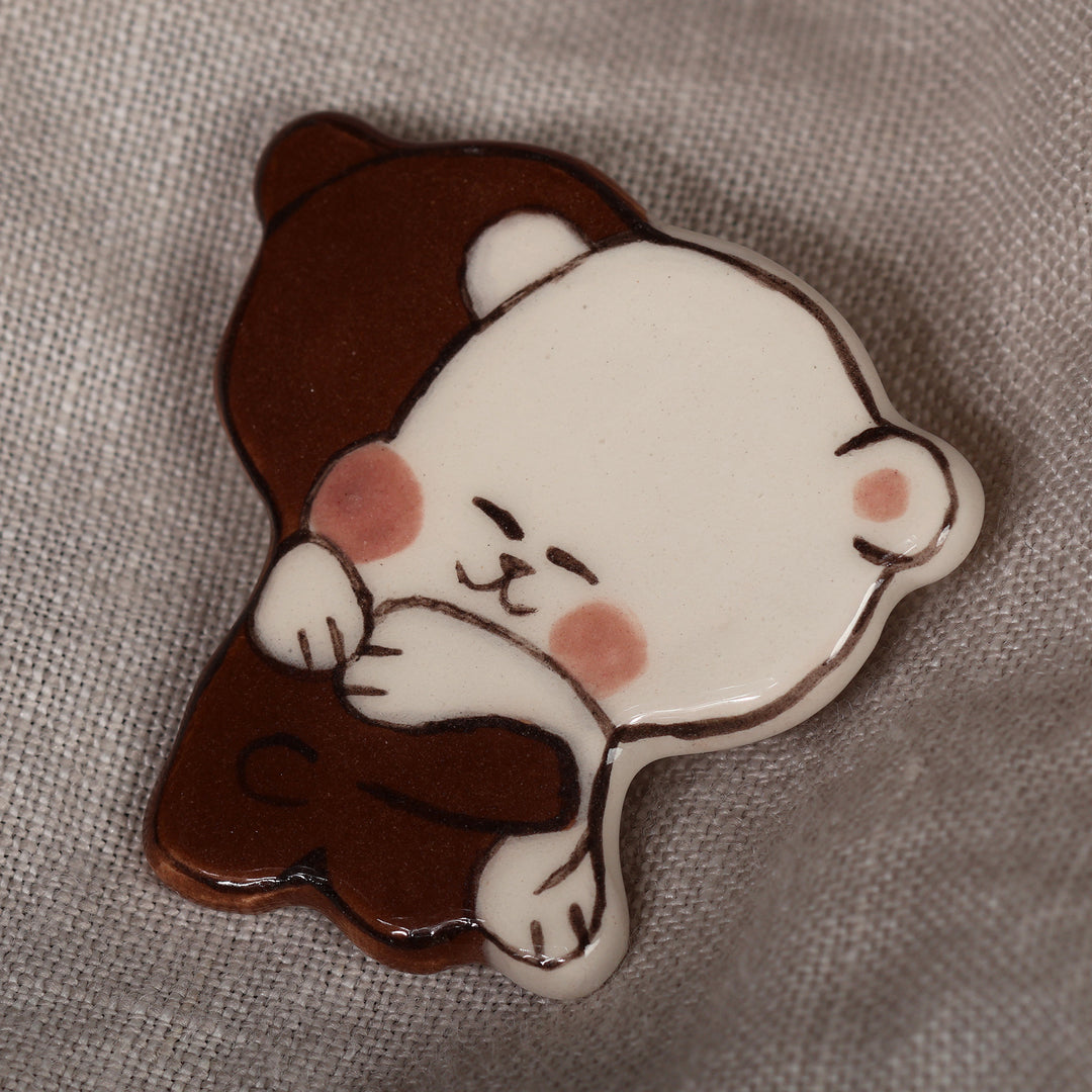 Inspirational Bear-Themed Handmade Glazed Ceramic Brooch Pin - Bear Hugs
