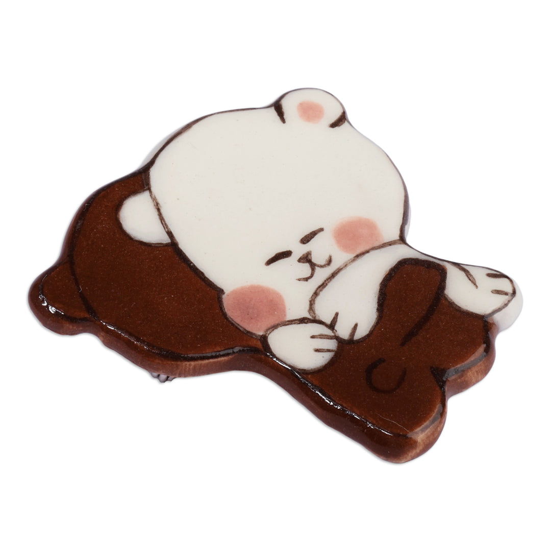 Inspirational Bear-Themed Handmade Glazed Ceramic Brooch Pin - Bear Hugs