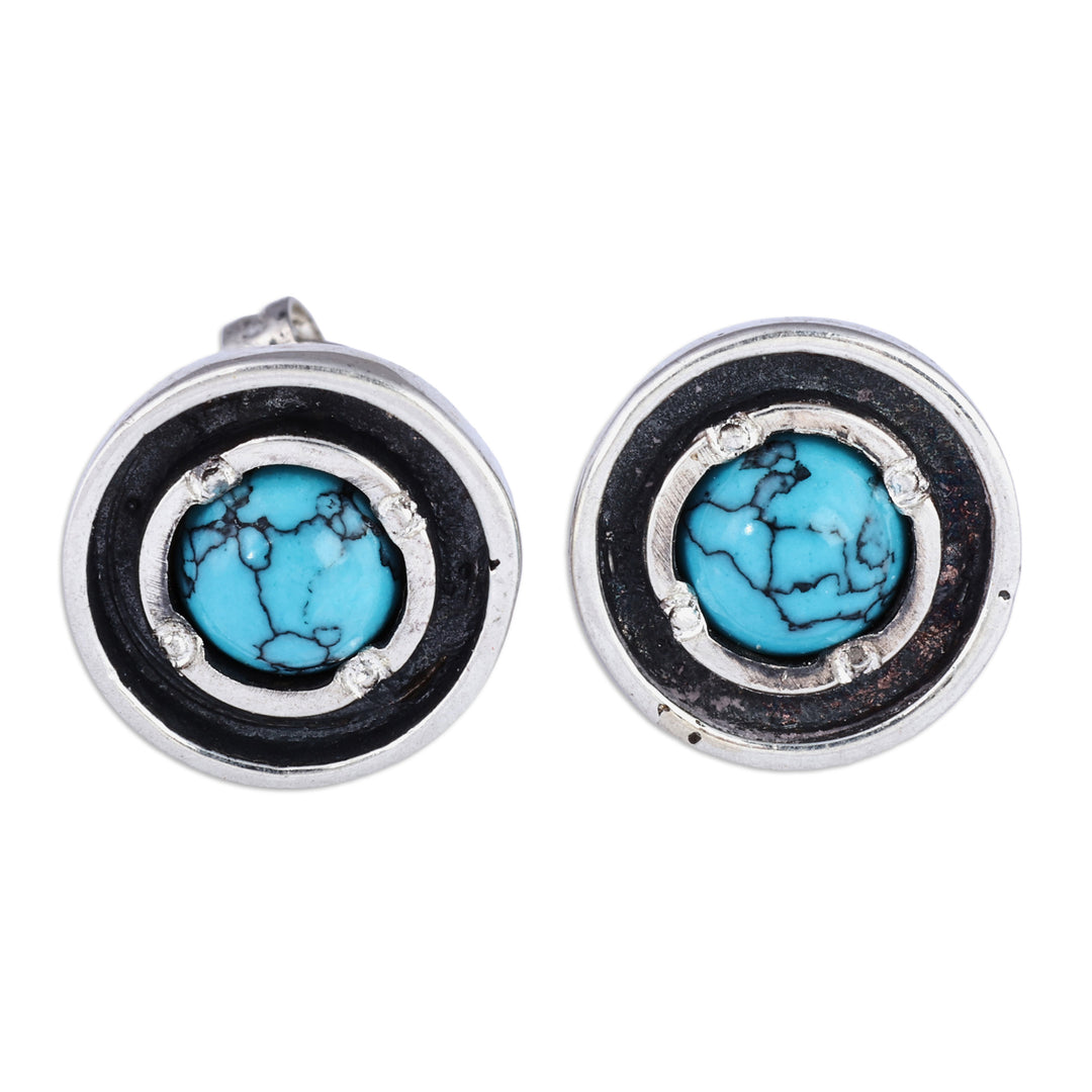 Reconstituted Turquoise Sterling Silver Round Stud Earrings - Tranquility Circle