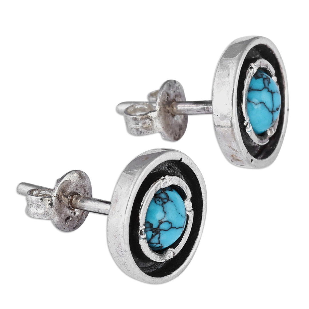Reconstituted Turquoise Sterling Silver Round Stud Earrings - Tranquility Circle
