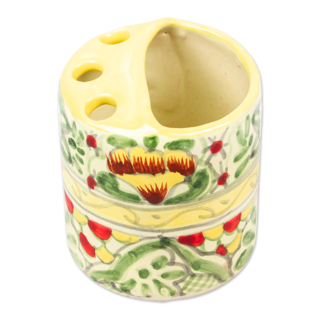 Talavera-Style Floral Leaf-Themed Ceramic Toothbrush Holder - Pastel Talavera