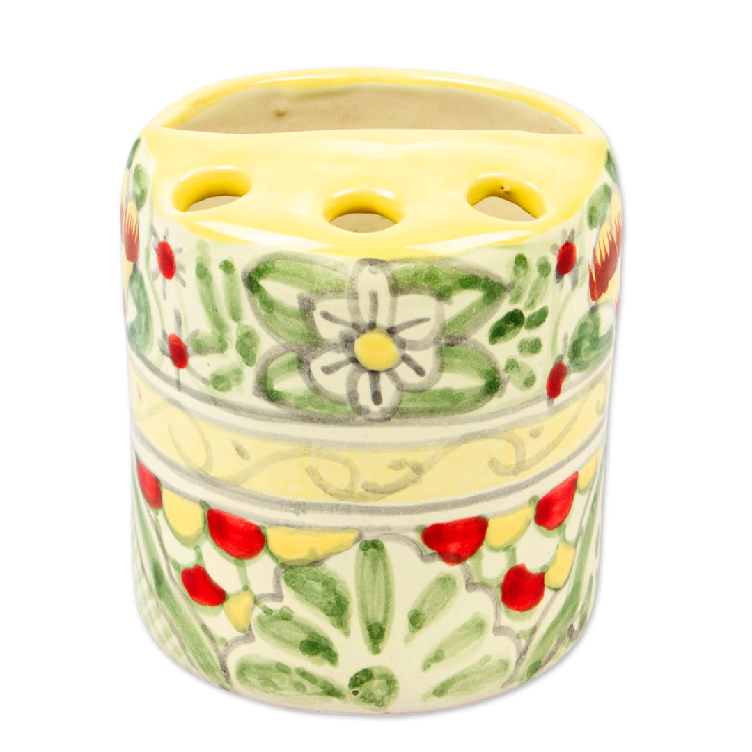 Talavera-Style Floral Leaf-Themed Ceramic Toothbrush Holder - Pastel Talavera