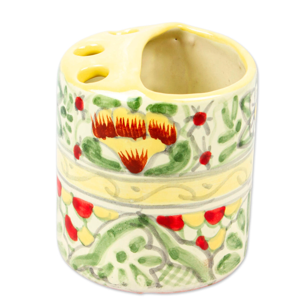 Talavera-Style Floral Leaf-Themed Ceramic Toothbrush Holder - Pastel Talavera
