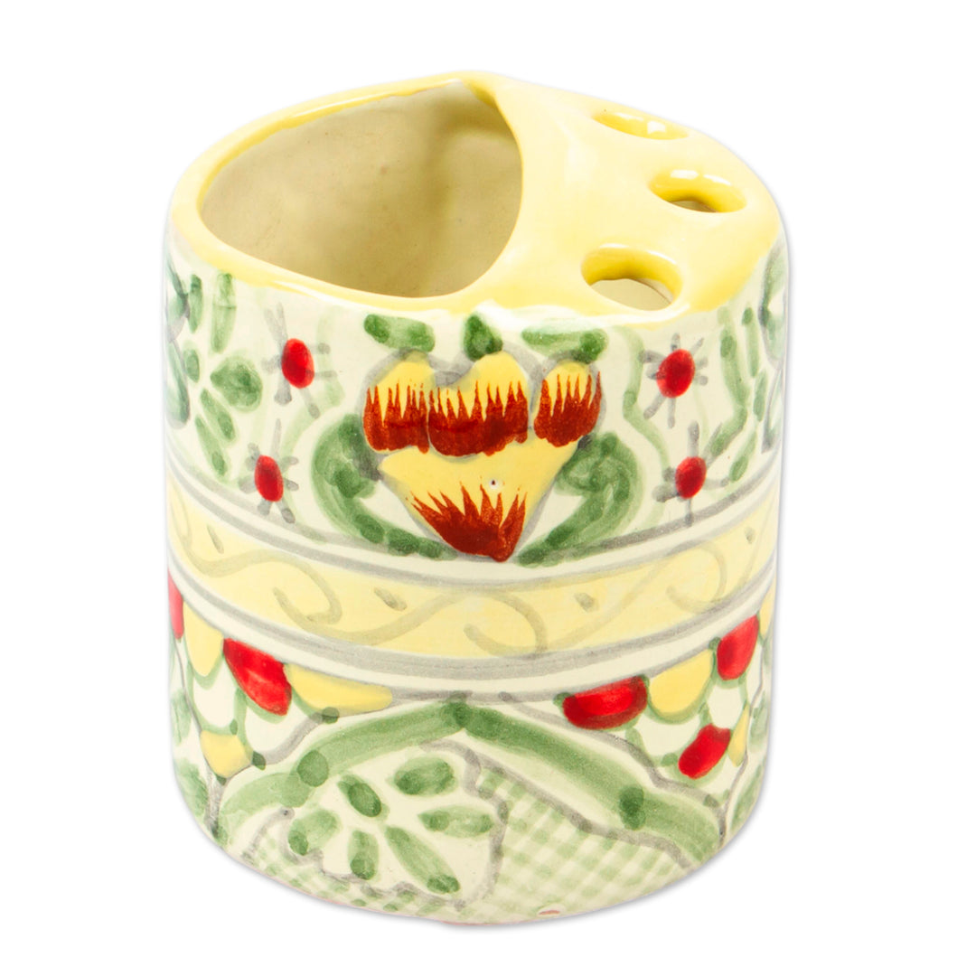 Talavera-Style Floral Leaf-Themed Ceramic Toothbrush Holder - Pastel Talavera