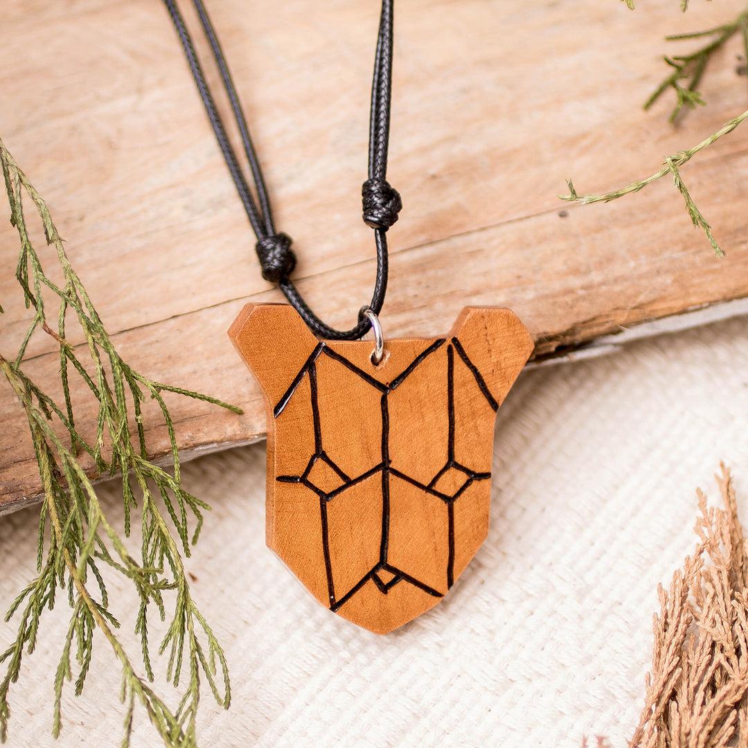 Bear Head-Shaped Adjustable Reclaimed Wood Pendant Necklace - Forest Friend