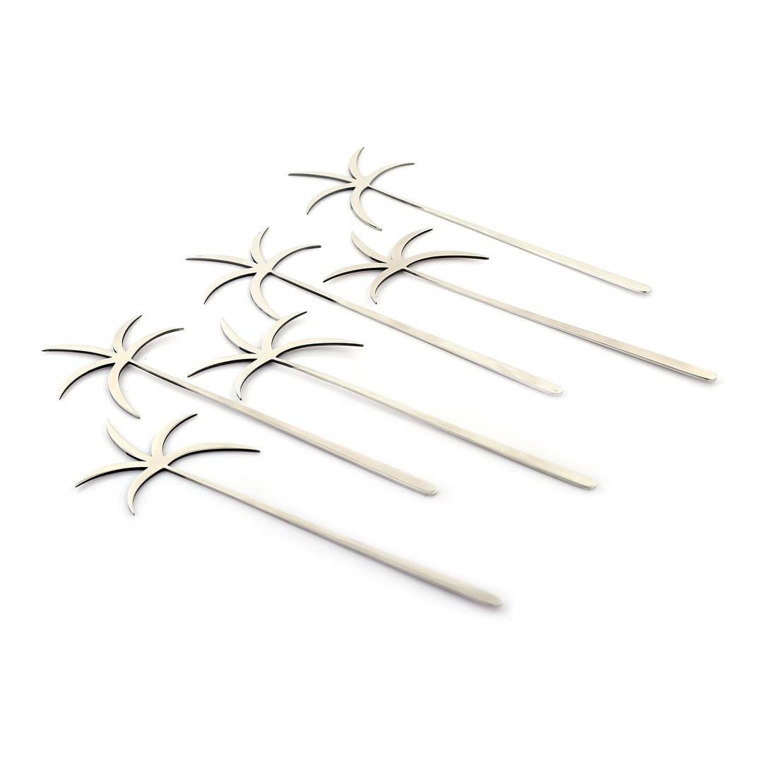 6 Modern Stainless Steel Drink Stirrers with Palm Tree Motif - Tropical Palm Trees